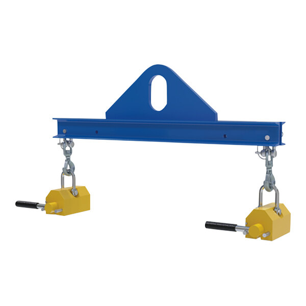 A blue steel spreader beam with yellow handles.
