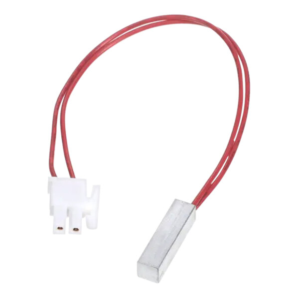 A rectangular white object with a red and white connector.