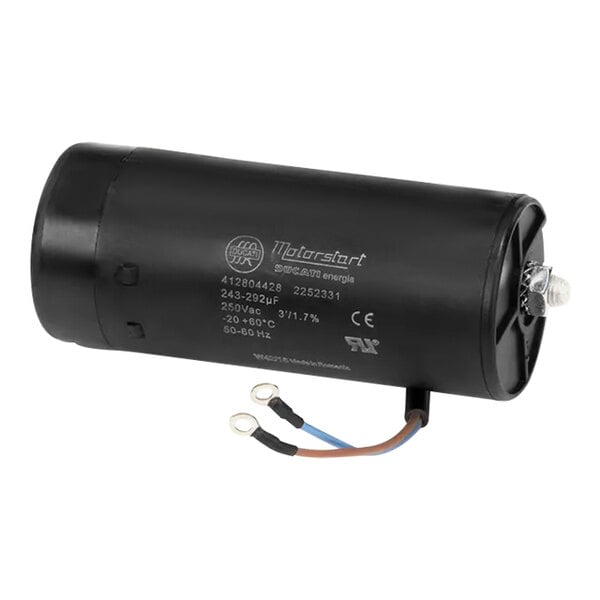 A black cylindrical True Refrigeration start capacitor with wires.