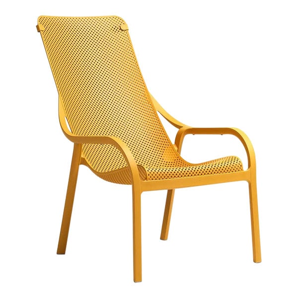 A yellow Net Lounge chair with armrests and a woven seat.