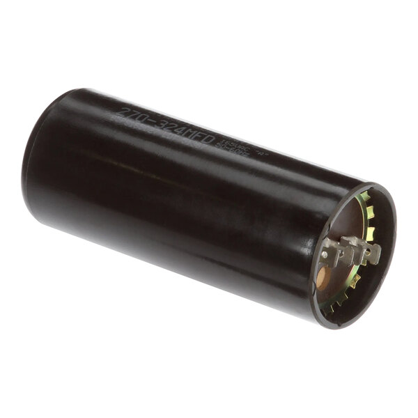 A black cylindrical capacitor with a yellow core on a white background.