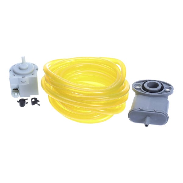 A yellow tubing kit with two plastic parts on a white background.