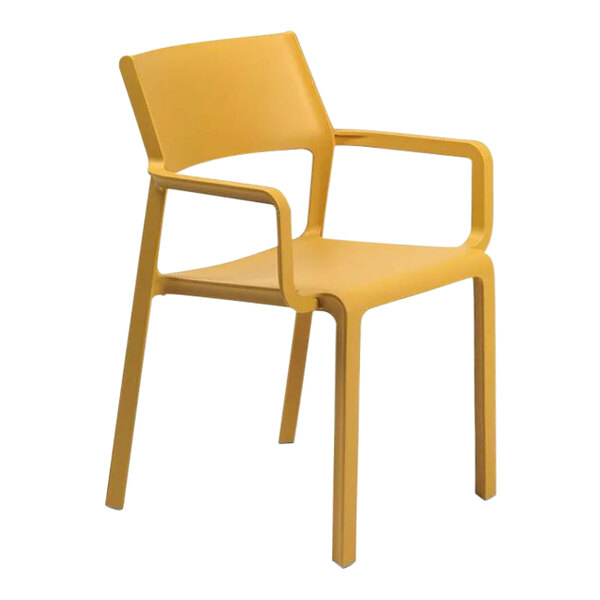 A yellow plastic Nardi Trill Senape arm chair.