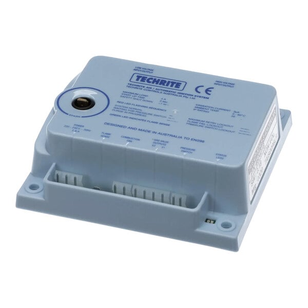 A white electronic device with blue and white text.