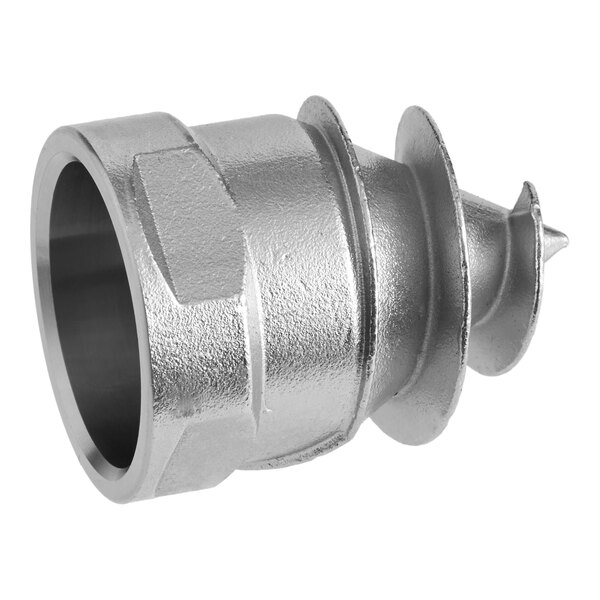 A metallic locking screw component with a threaded, conical design and a hexagonal base.