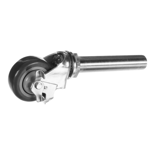 A metal caster wheel with a black rubber wheel and silver metal stem.