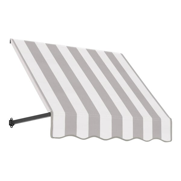 An open-sided long rectangular grey and white striped awning.