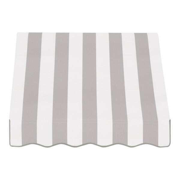 A grey and white striped open-sided slope fixed awning.