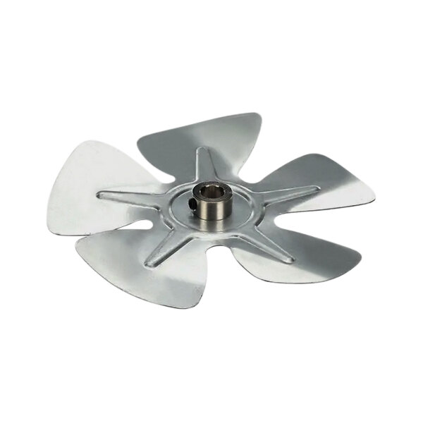 A silver aluminum fan blade with a hole in the center.