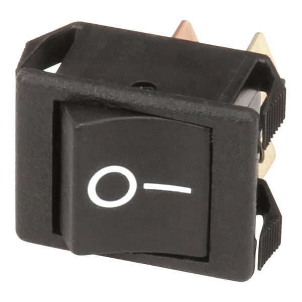 A black switch with a white circle on the button