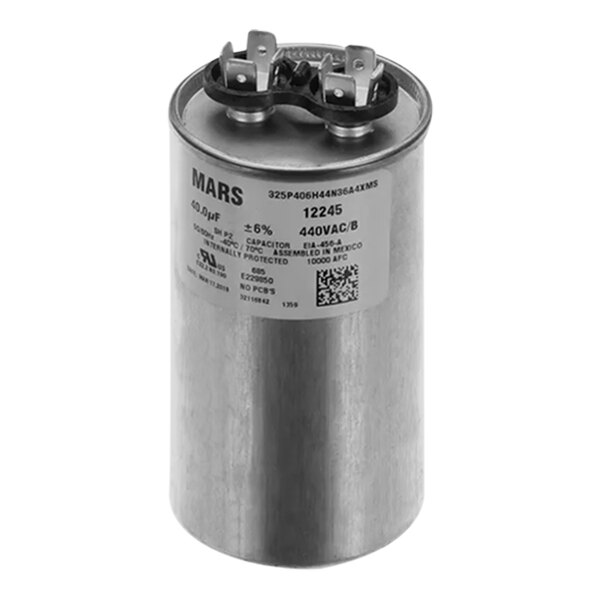 A close-up of a round silver Hoshizaki capacitor with black text.