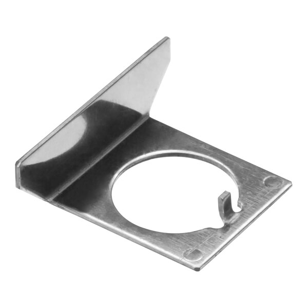 A stainless steel Spaceman lock plate with a hole.