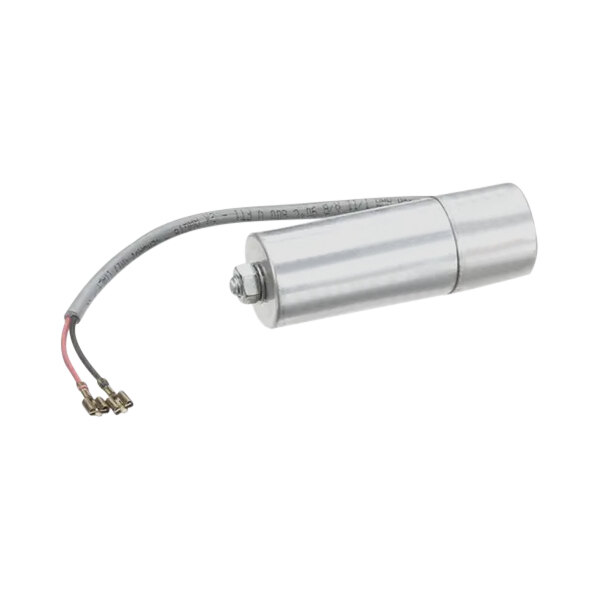 A close-up of a silver metal cylinder with wires attached.