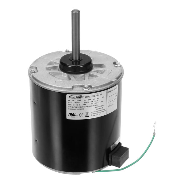 A Lennox 14Y70 condenser fan motor with a black and silver cover and wires.