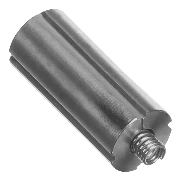 A metal cylinder with a metal rod and spring inside.