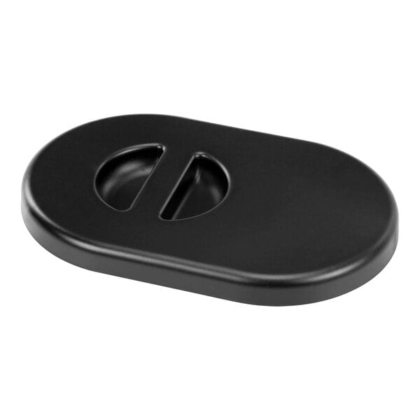 A black rectangular plastic plate with two round holes.