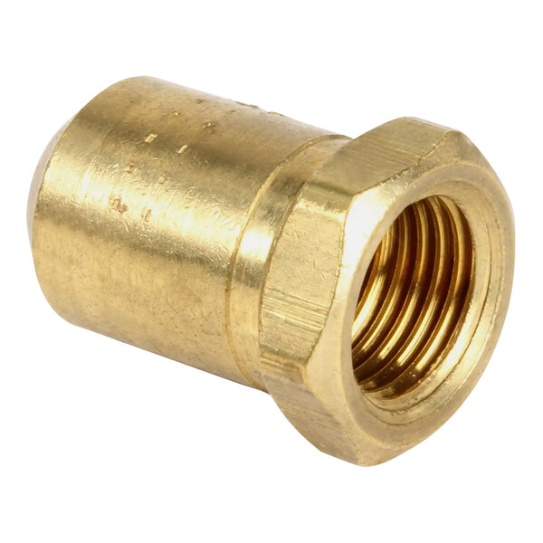 A gold brass threaded nut.