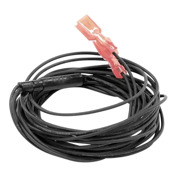 A black cable with a red plug on it.