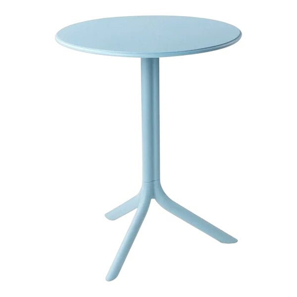 A white Nardi round table with a blue top and metal legs.