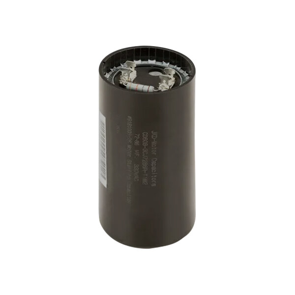 A black cylindrical Ice-O-Matic capacitor with a white label.