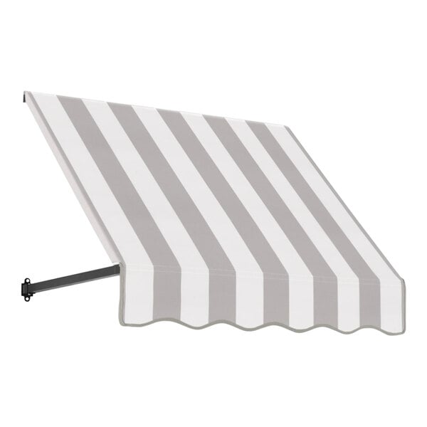 An Awntech Dallas gray and white striped fixed fabric awning with open sides.