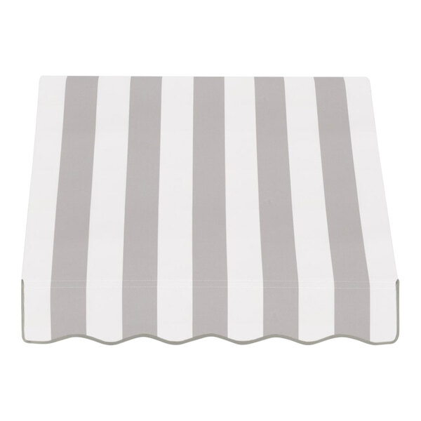 A white rectangular awning with gray and white stripes.