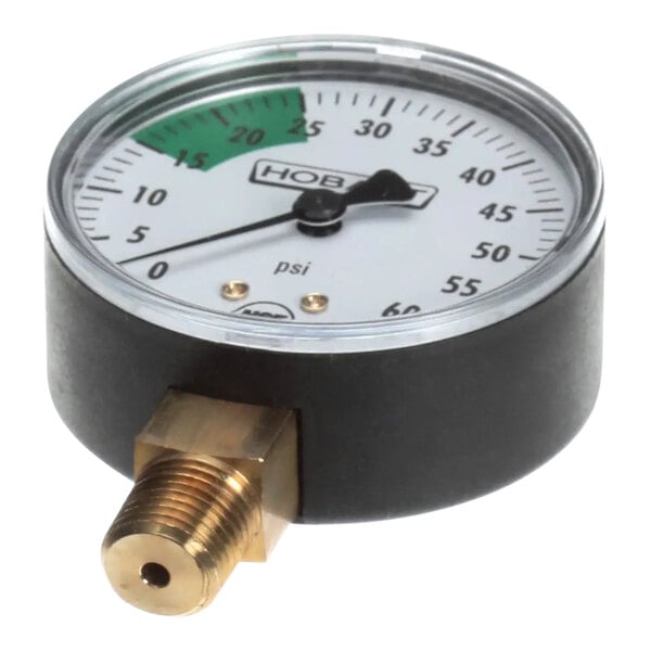 A close-up of a Stero water pressure gauge with a green and black dial.