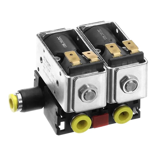 A close-up of a Bunn 24V solenoid valve with metal bolts and screws.