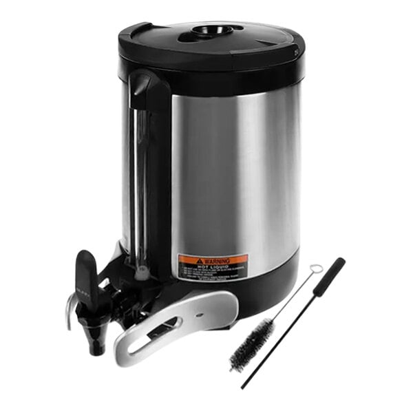 A stainless steel Bunn coffee server with a cleaning brush.