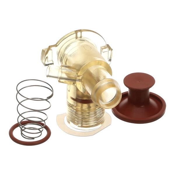 A Bunn plastic water pump with a metal ring, plastic tube, spring, and red rubber seal.