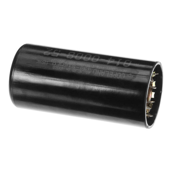 A close-up of a black cylindrical True Refrigeration start capacitor.