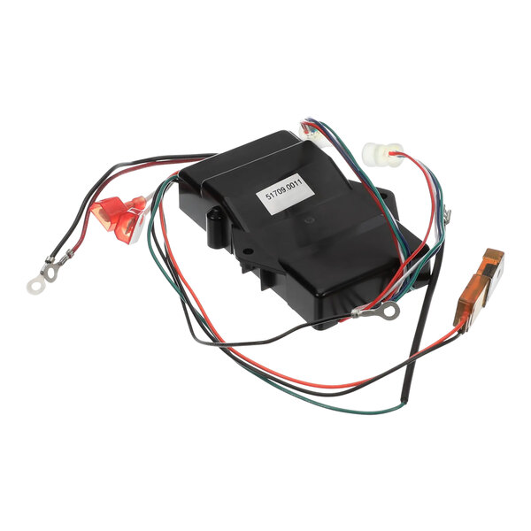 A black box with wires and a white harness.
