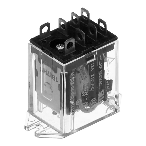 A clear plastic box with black and metal parts, including a small black and white Omron relay.