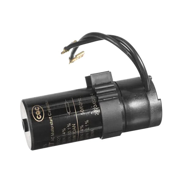 A black cylindrical Follett Corporation compressor start capacitor with wires.