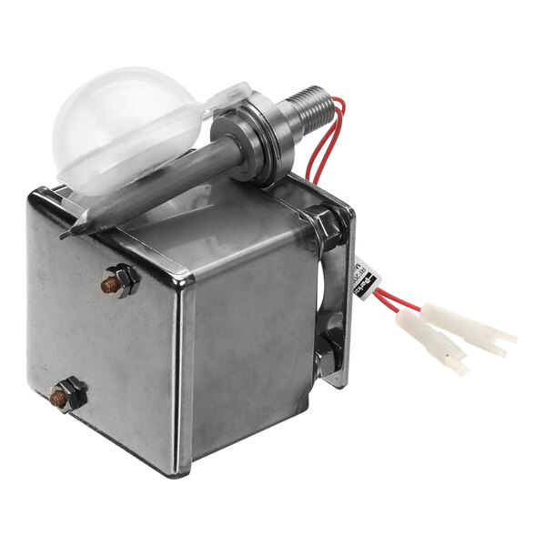 A white and silver Stero float switch assembly box with wires and a round object inside.