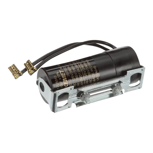 A black electrical device with wires and silver accents.