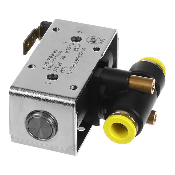 A metal box with a Bunn solenoid valve with two yellow connectors.