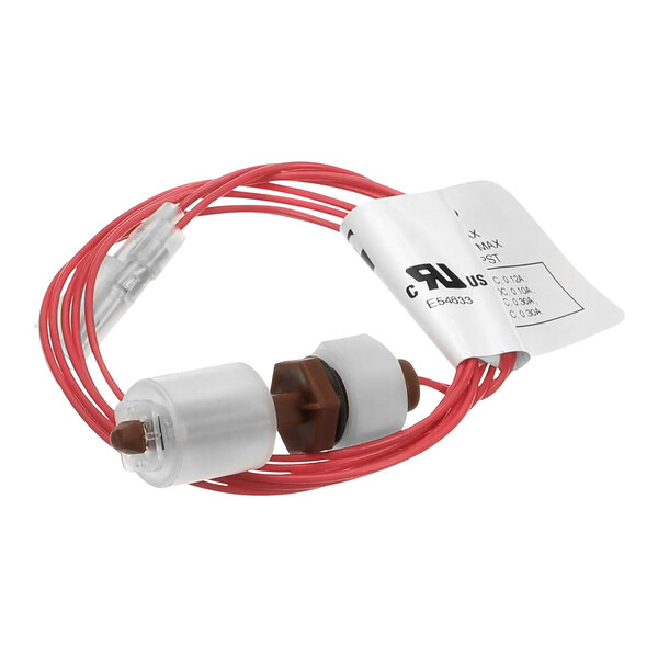 A red and white wire with a small connector attached to a red wire with a white label.