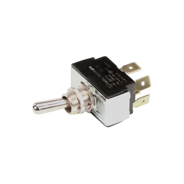 A close-up of a black and silver Baxter toggle switch.