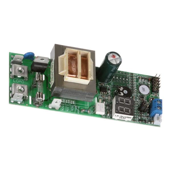 A close-up of a green electronic board with many components.