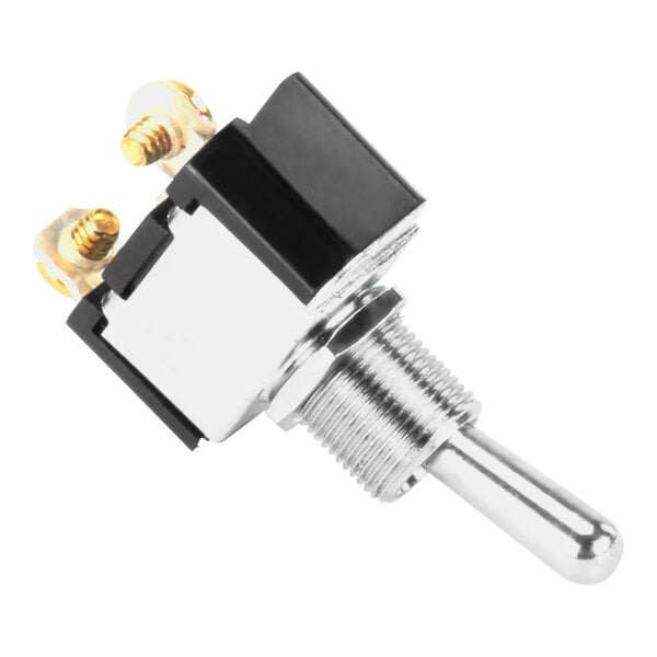 A close-up of a silver and black Vollrath 17925-1 toggle switch with two gold screws.