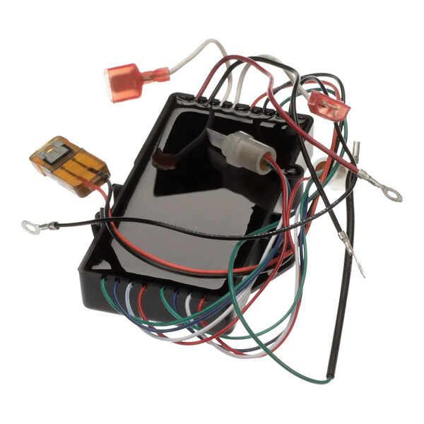 A close-up of a black rectangular Bunn control board assembly with wires.