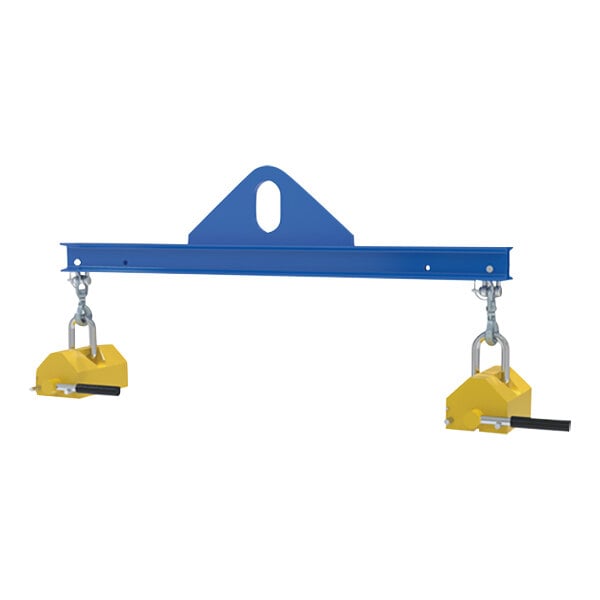 A blue steel Vestil spreader beam with two yellow metal lifting hooks attached.