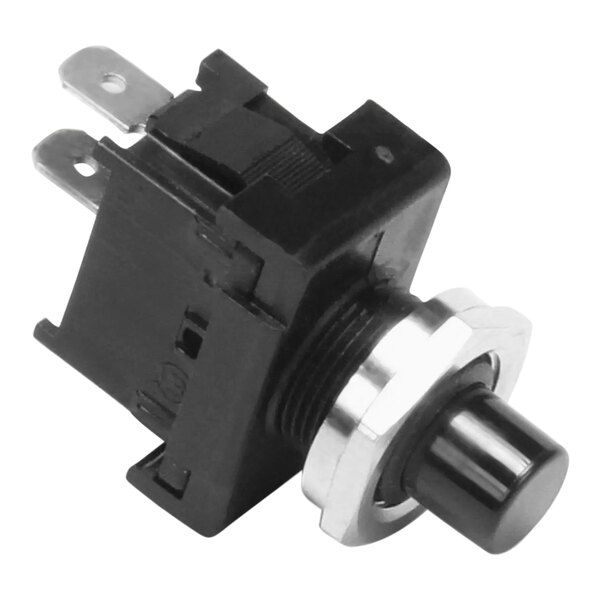 A black and silver push button switch.