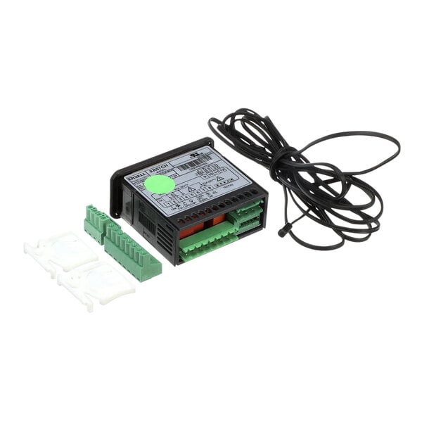 A close-up of a black and green Hoshizaki freezer controller with wires and a power cord.