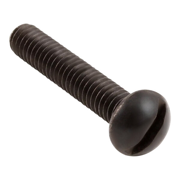 A close-up of a black Bunn screw with a round head.
