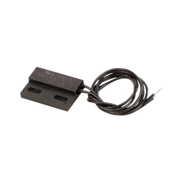 A black rectangular Baxter magnetic door switch with a wire.