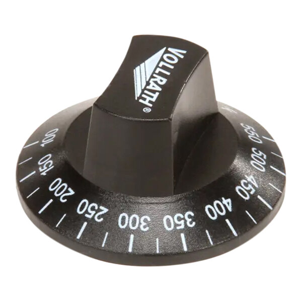 A black Vollrath control knob with white numbers.
