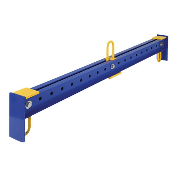 A blue and yellow metal beam with yellow handles.