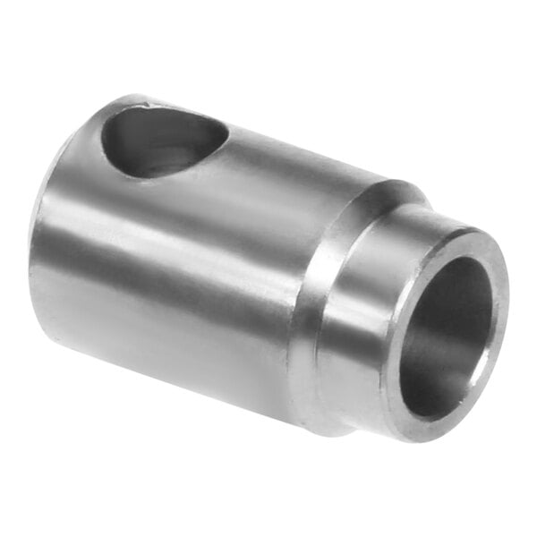 A stainless steel metal cylinder with a hole in the end.